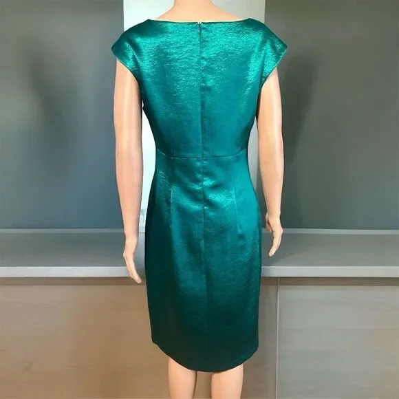 Connected Apparel Shiny Emerald Green Satin Finish Midi Dress Cap Sleeve - Picture 2 of 7